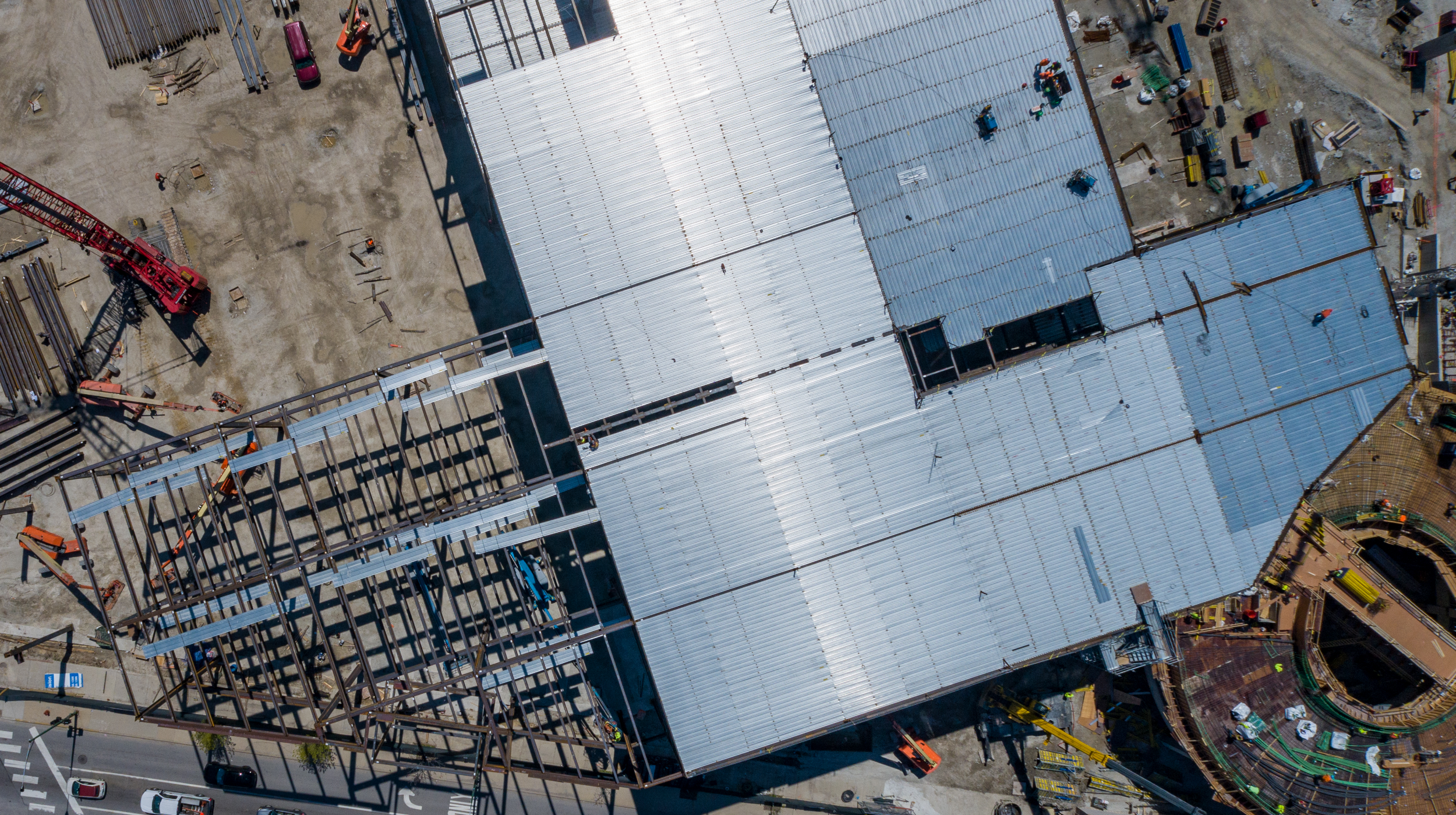 Overhead image of a Nucor steel construction project.