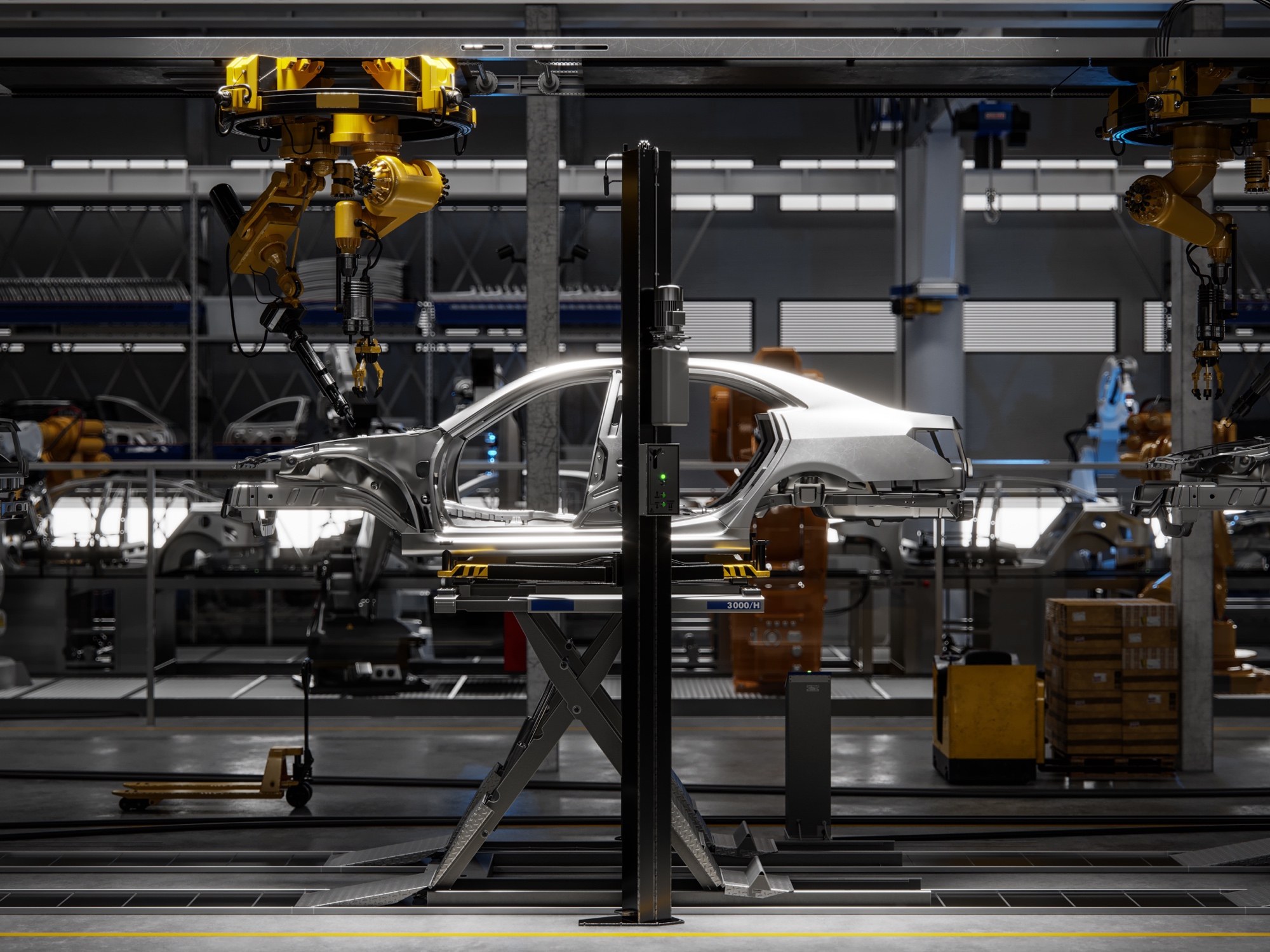 steel body of car being constructed in warehouse