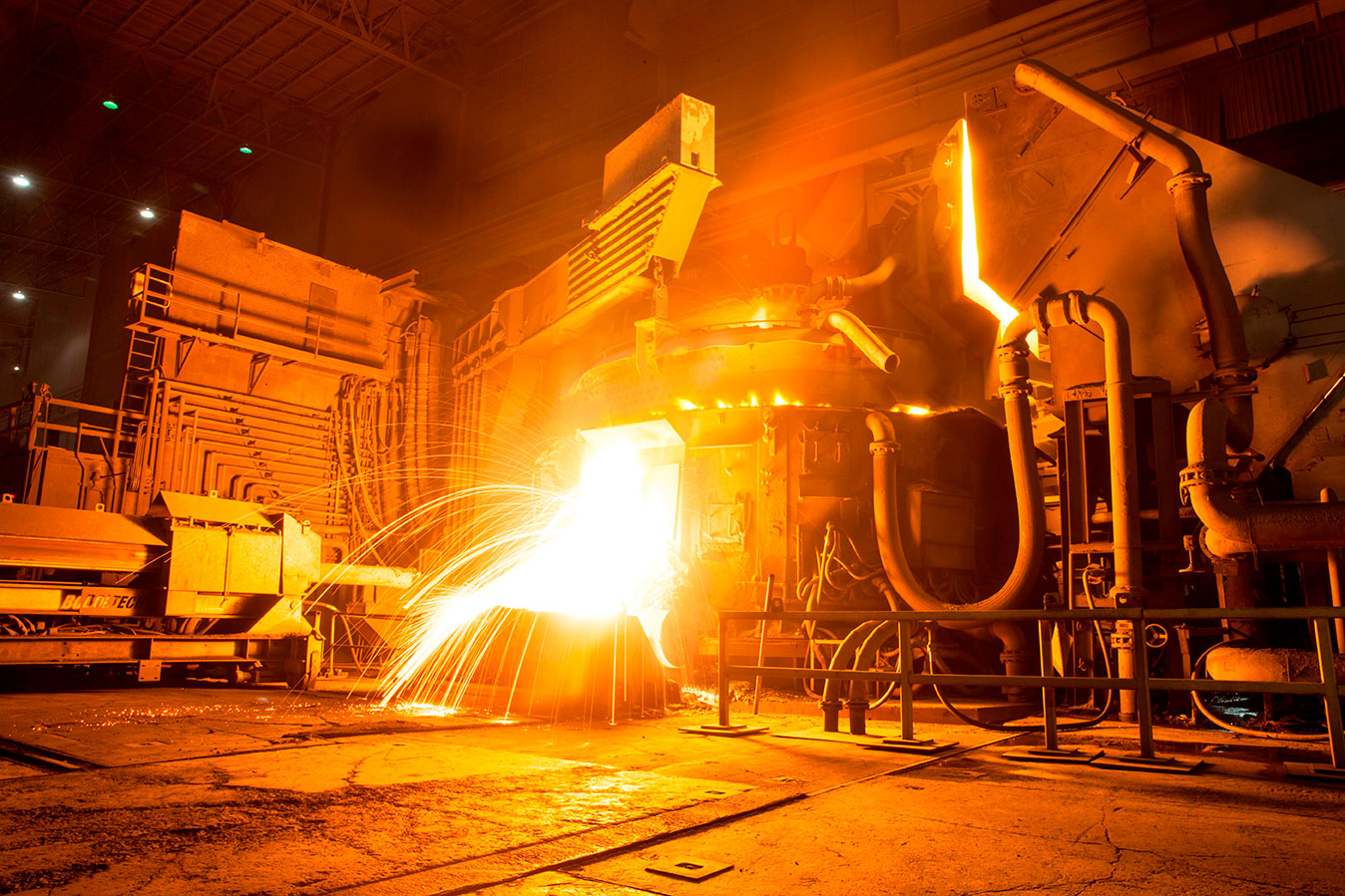 Photo of a Nucor electric arc furnace running
